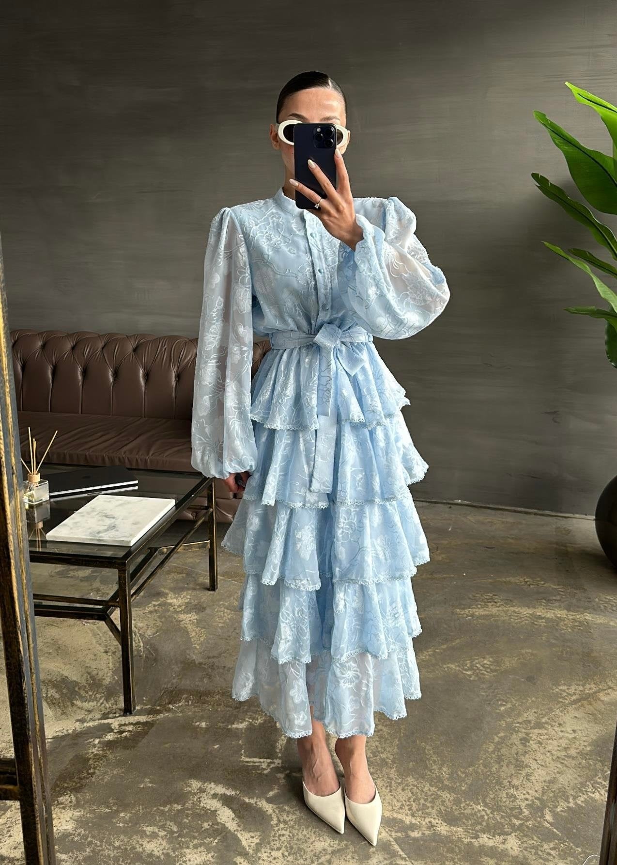 Çiçek Desenli Fırfırlı Elbise BEBE MAVİ