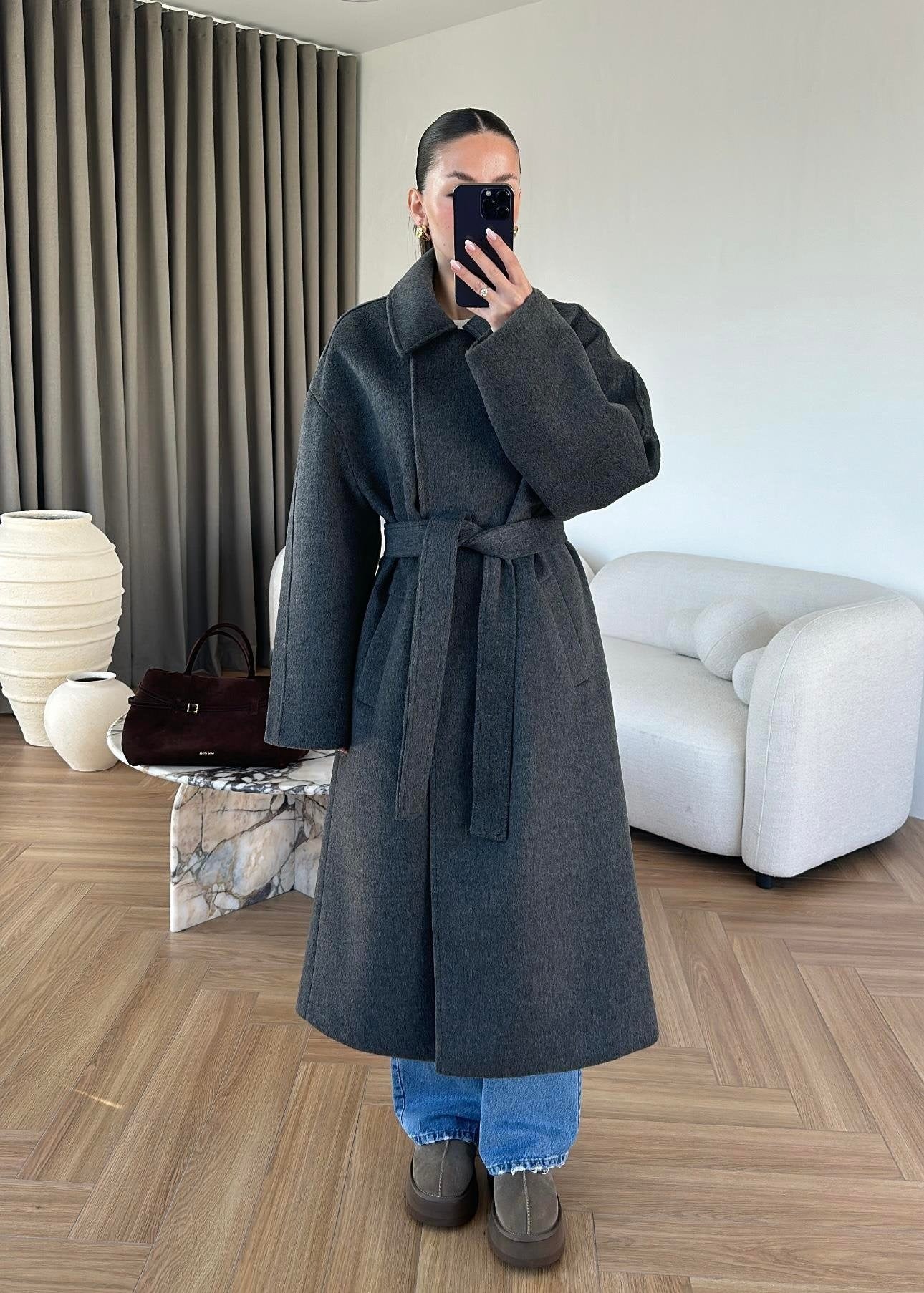 Gömlek Yakalı Kuşaklı Kaban ANTRASİT