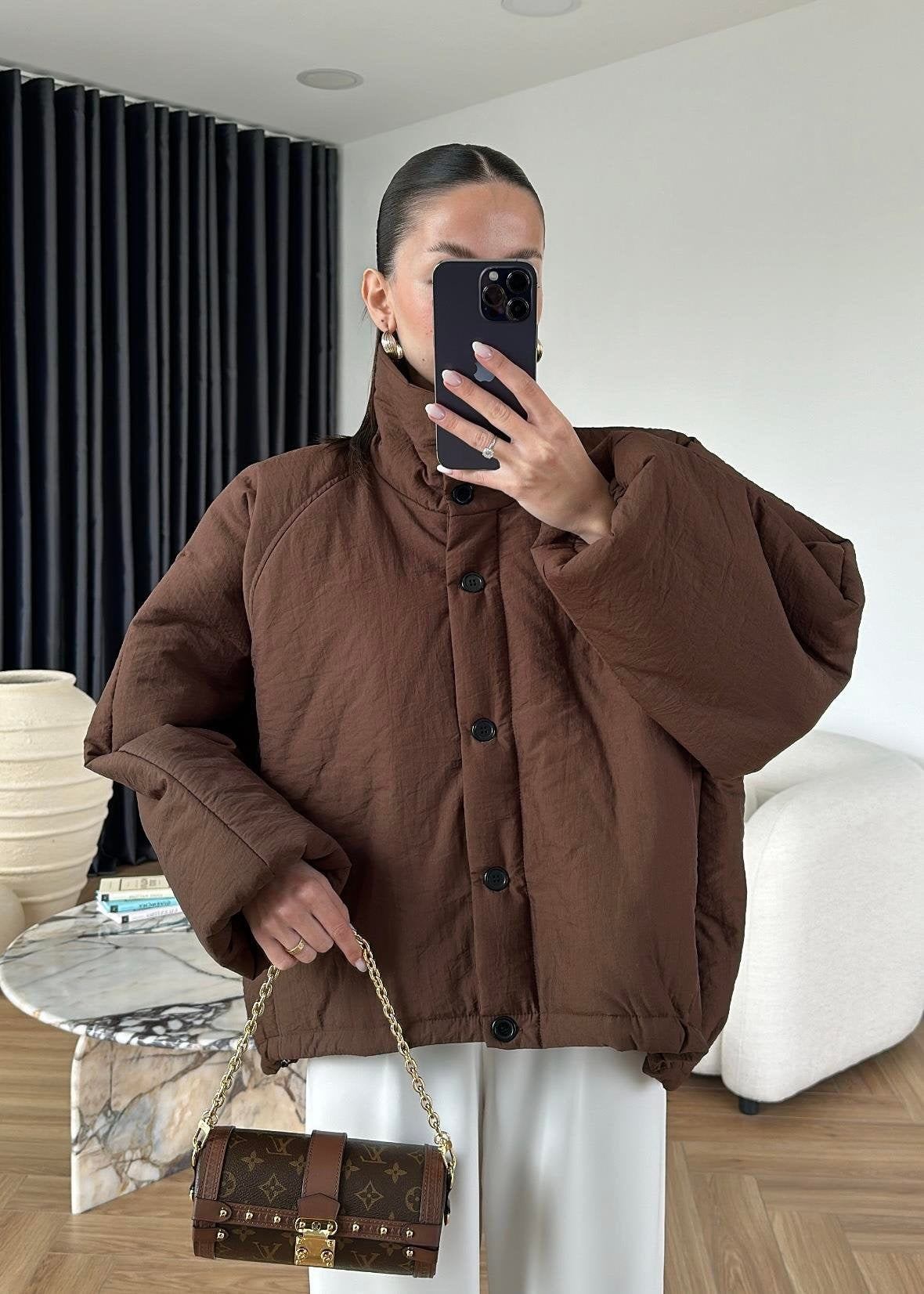 Dik Yakalı Arkası Uzun Mont KAHVE