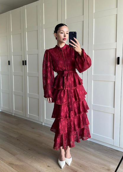 Çiçek Desenli Fırfırlı Elbise BORDO