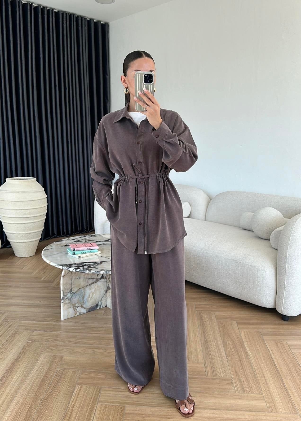 Bağcıklı Tensel Modal Takım Kahve