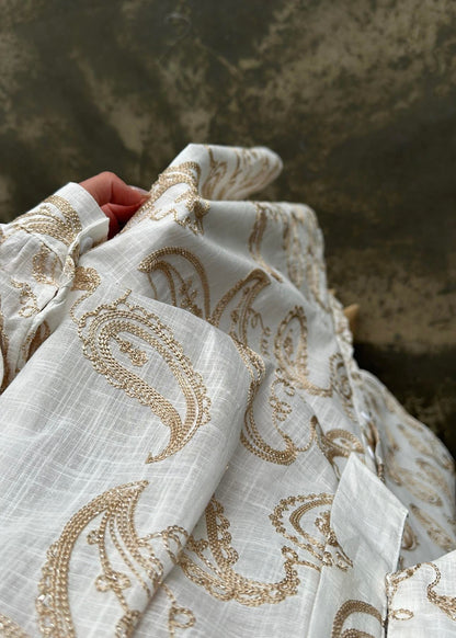 Gold İşlemeli Keten Elbise EKRU