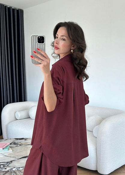 Sedef Düğmeli Uzun Keten Takım Bordo