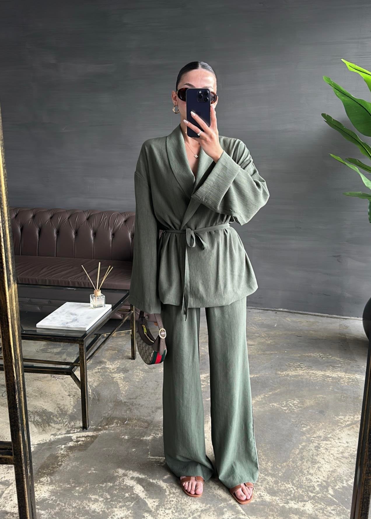 Şal Yaka Krinkıl Kimono Takım HAKİ