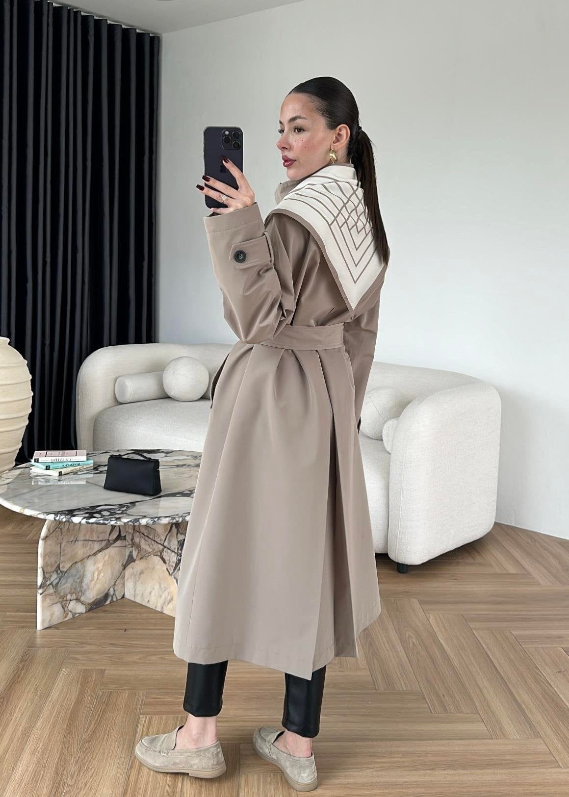 Fularlı Uzun Trençkot TAŞ