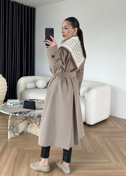 Fularlı Uzun Trençkot TAŞ