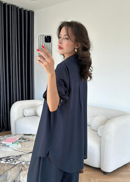 Sedef Düğmeli Uzun Keten Takım LACİVERT