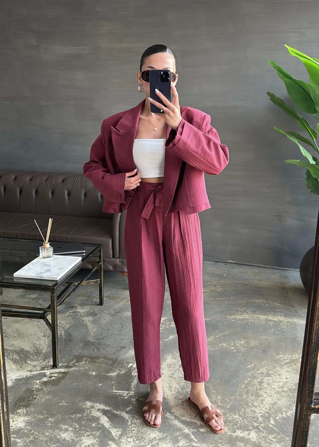 Bağlama Detaylı Crop Ceketli Takım BORDO