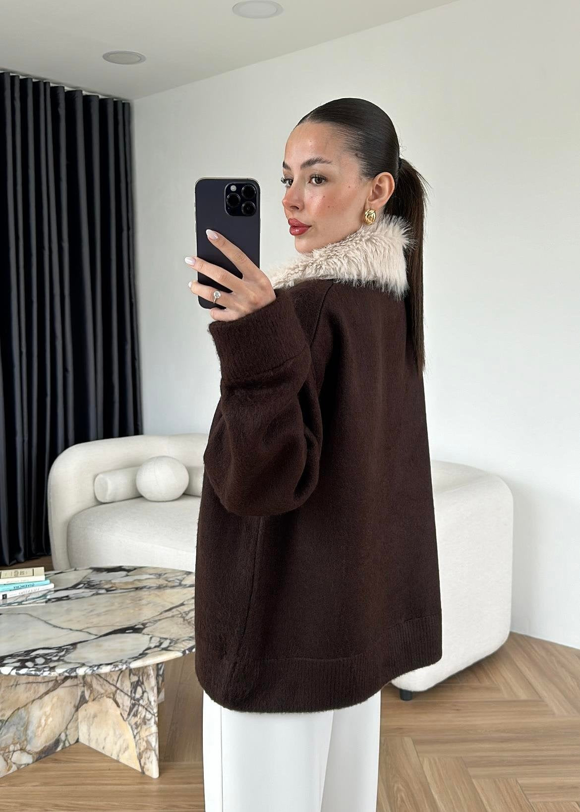 Çıkarılabilir Kürklü Hırka ACI KAHVE