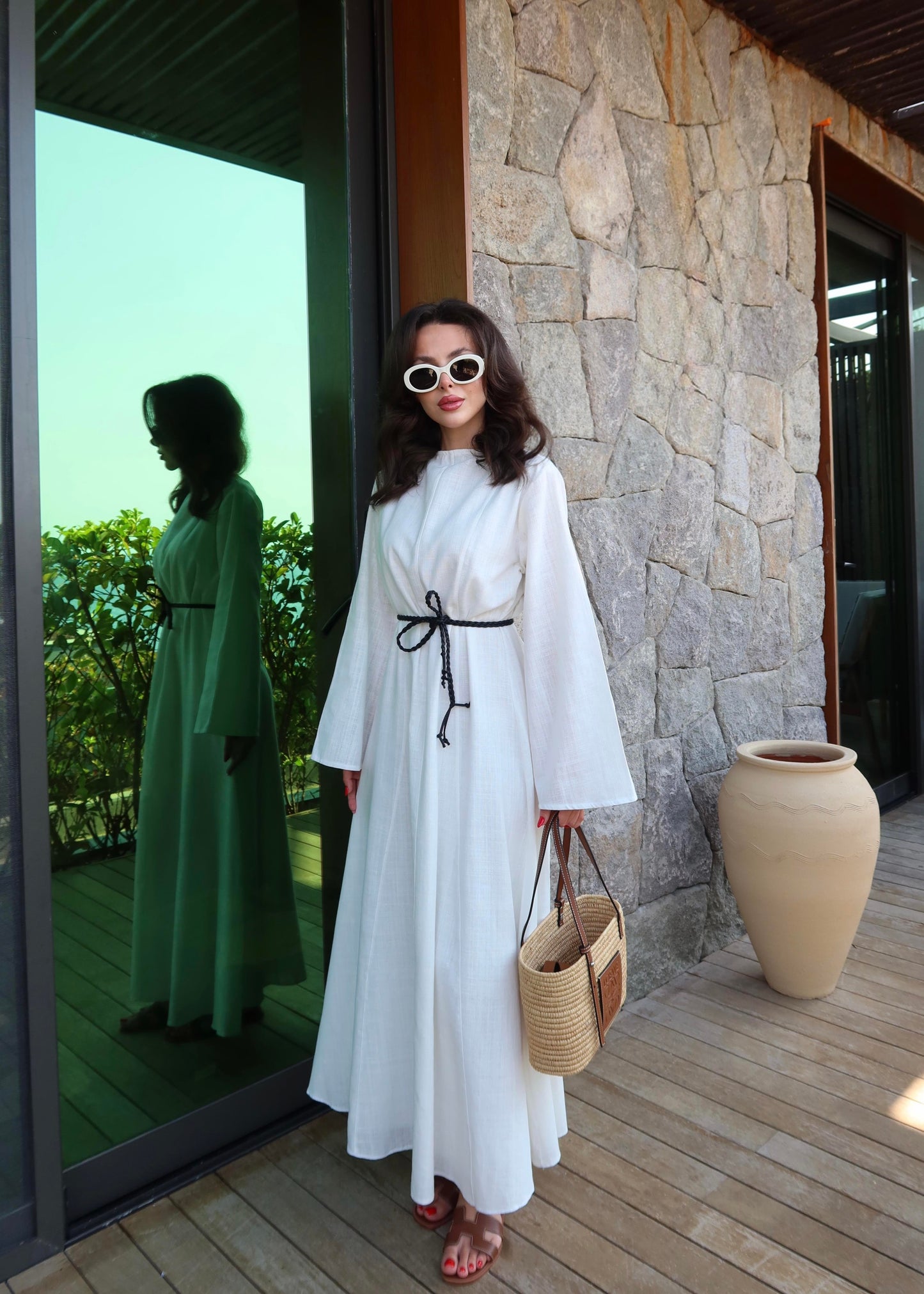 Deri Kemerli Keten Elbise Beyaz