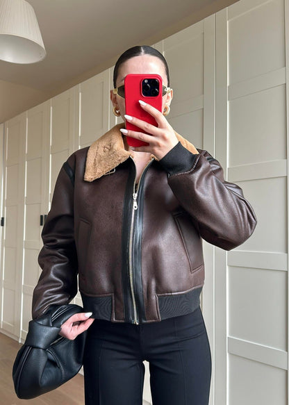 İçi Kürklü Deri Detaylı Mont KAHVERENGİ