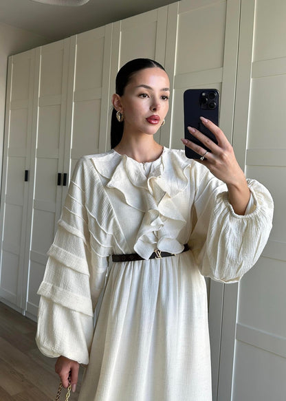 Önü Fırfırlı Naturel Elbise KREM