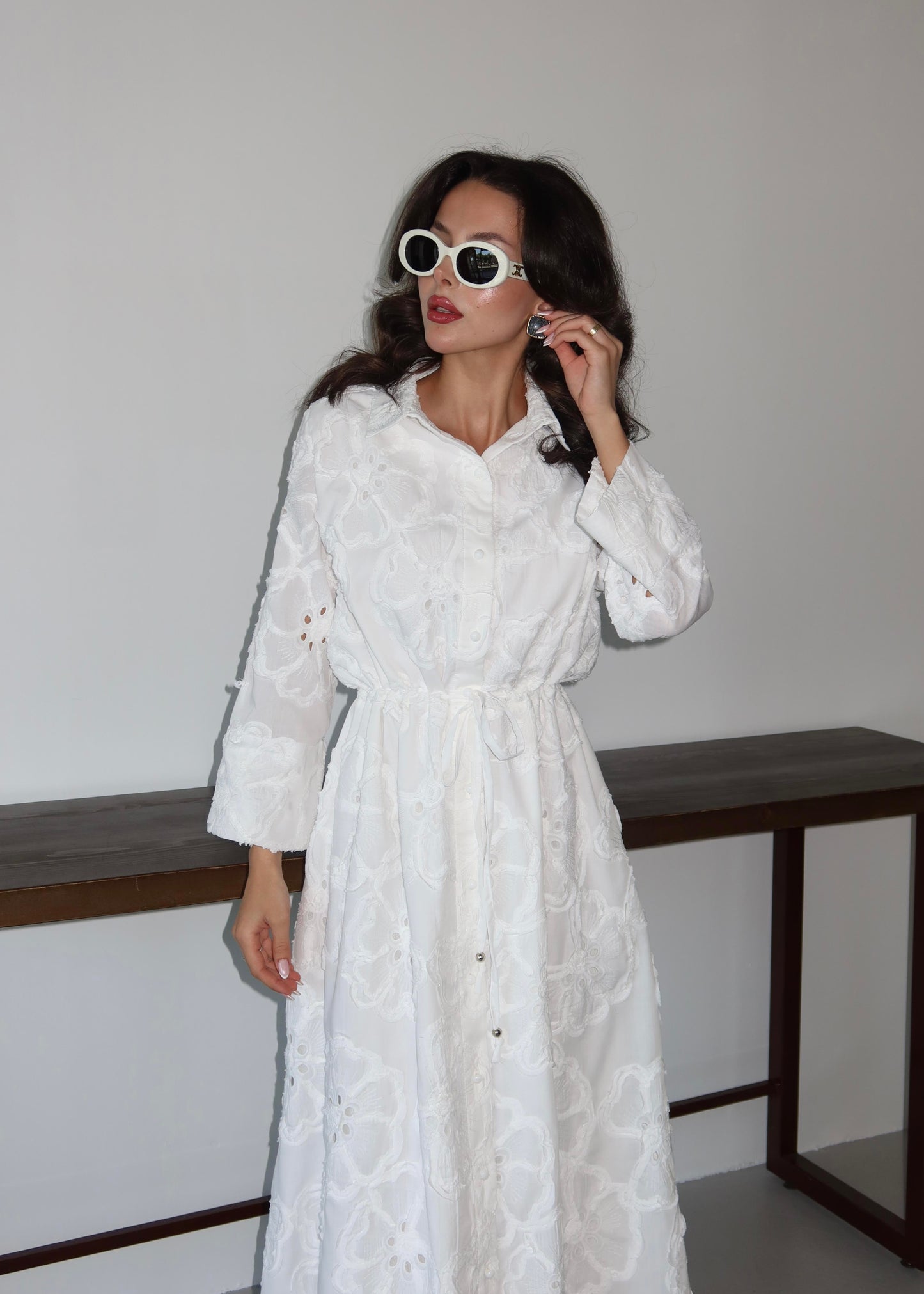 Beli Bağcıklı Brode Elbise BEYAZ