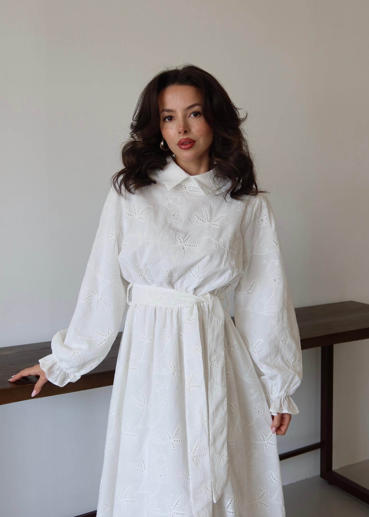 Gömlek Yakalı Brode Elbise BEYAZ