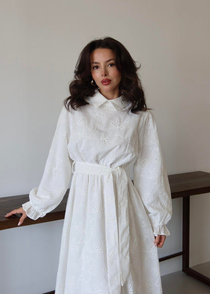 Gömlek Yakalı Brode Elbise BEYAZ