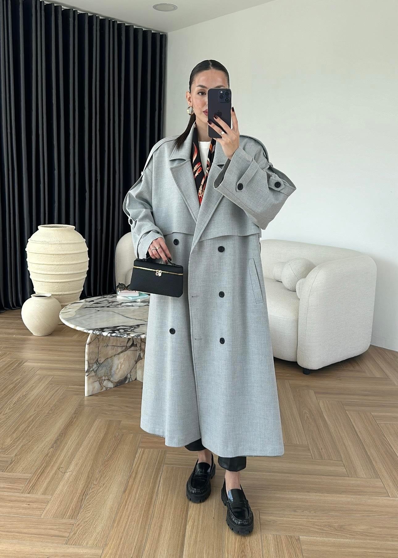 Omuzu Uzun Apoletli Trençkot AÇIK GRİ