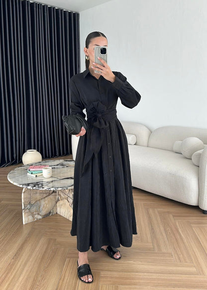 Kraşlı Beli Bağlamalı Elbise SİYAH