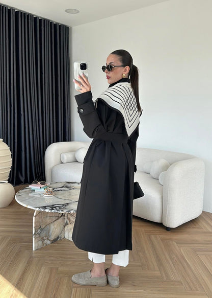 Fularlı Uzun Trençkot SİYAH