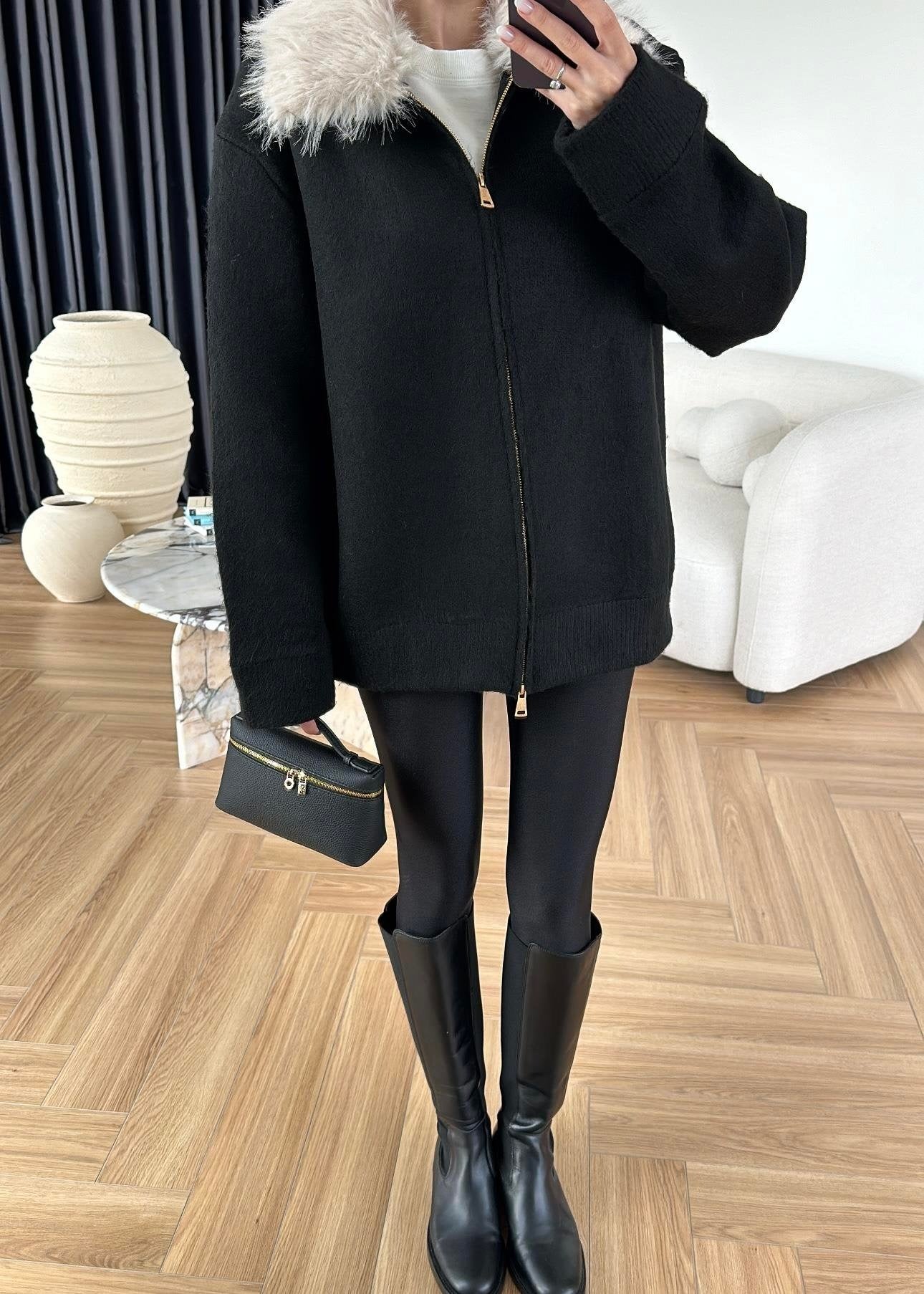 Çıkarılabilir Kürklü Hırka SİYAH