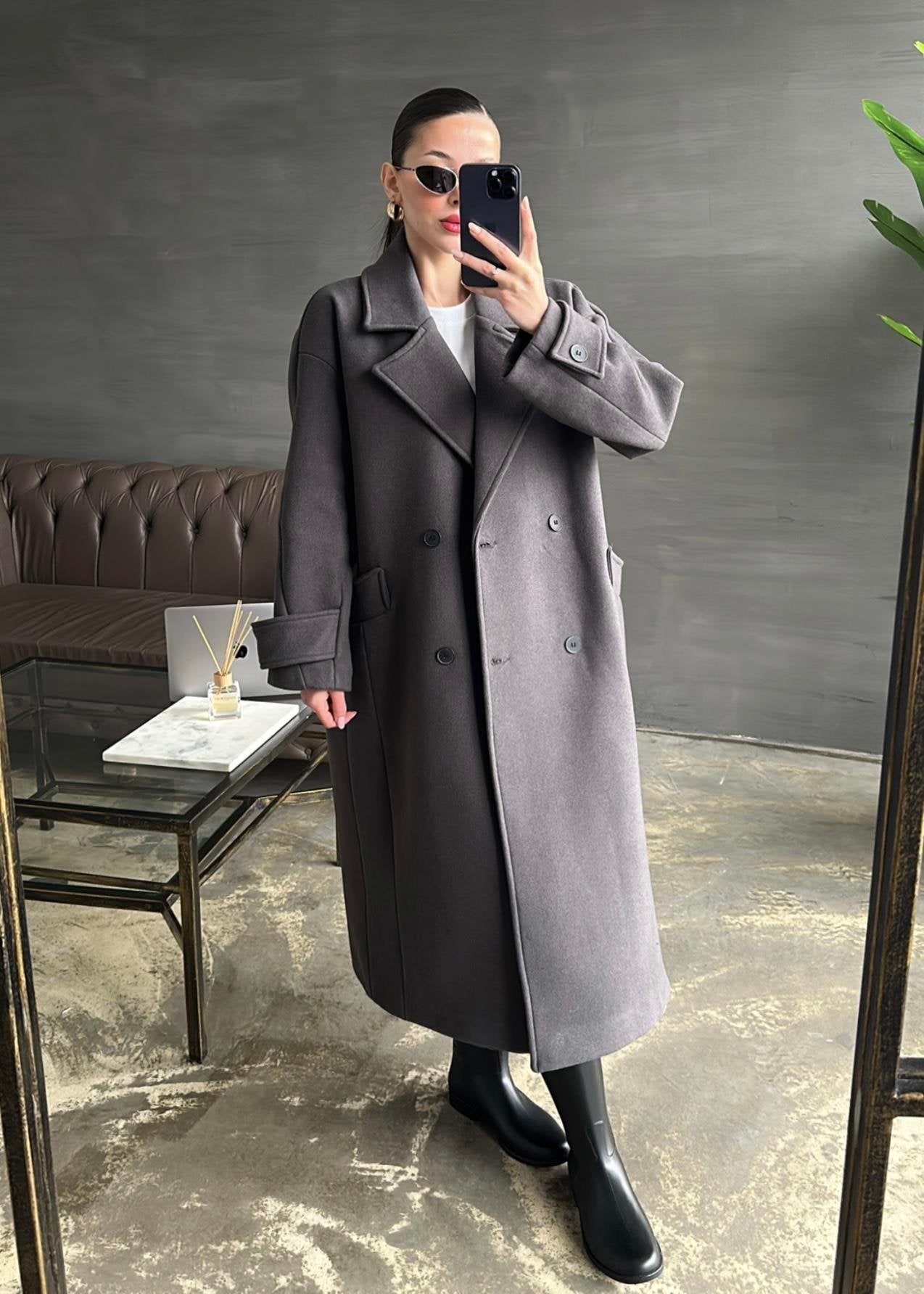 Kelebek Yakalı Kaşe Kaban GRİ