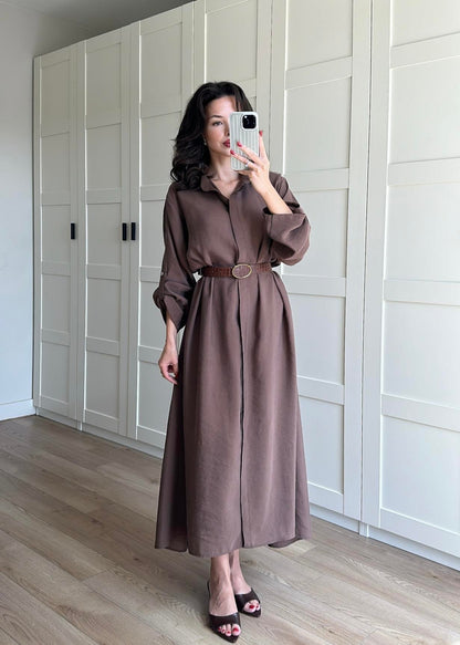 Tensel Kemerli Gömlek Elbise KAHVERENGİ