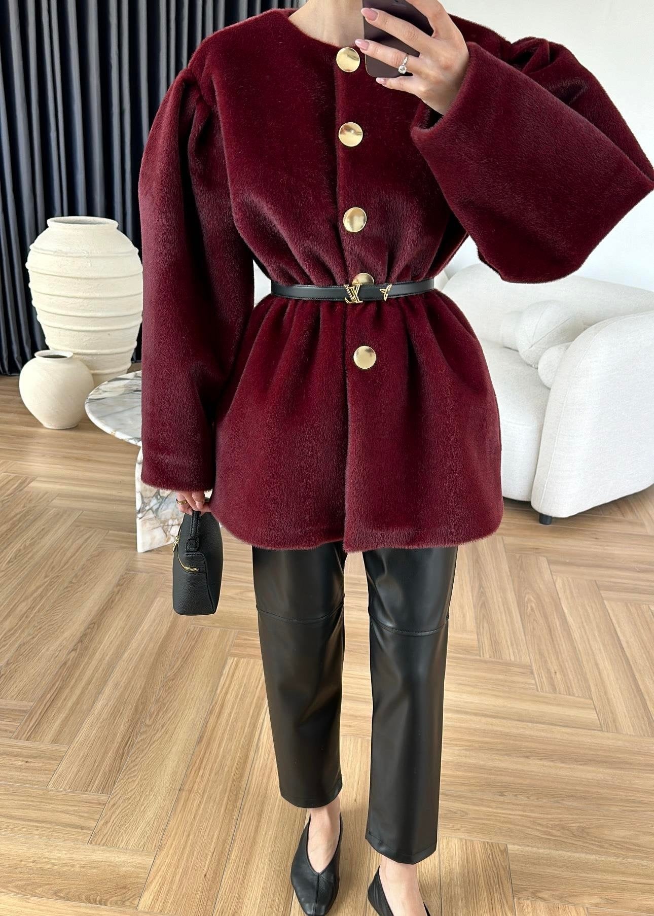 Gold Düğmeli Alpaka Kaban BORDO