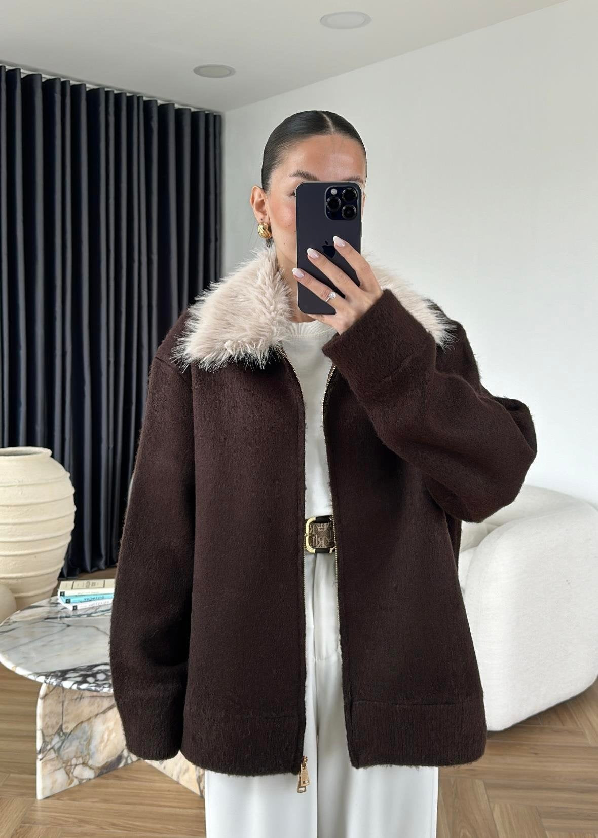 Çıkarılabilir Kürklü Hırka ACI KAHVE