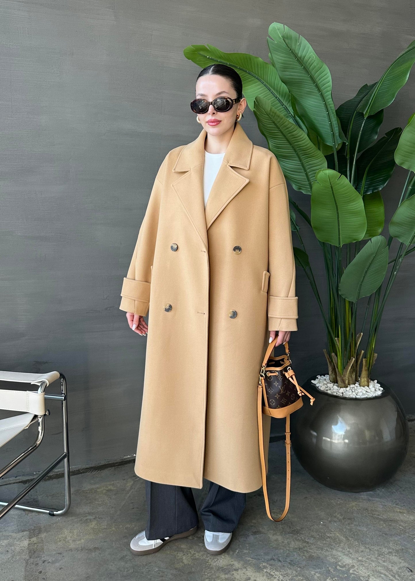 Kelebek Yakalı Uzun Kaban AÇIK CAMEL