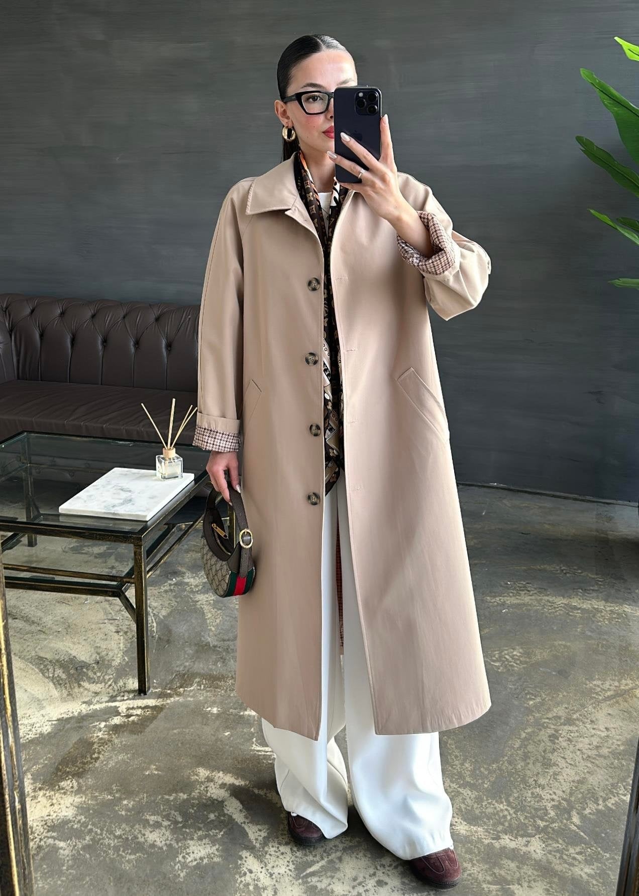 Astarı Kazayağı Desen Trençkot BEJ