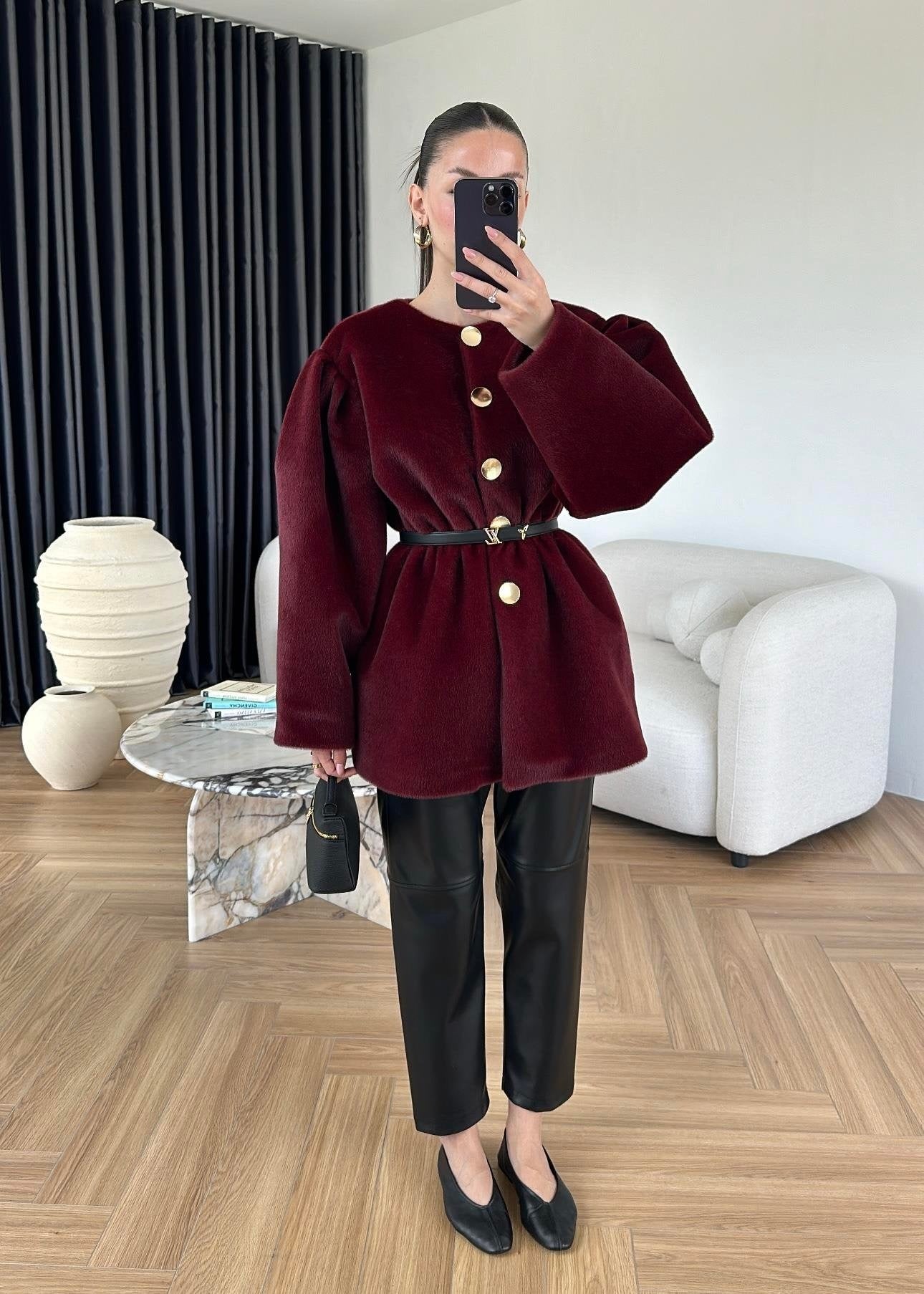 Gold Düğmeli Alpaka Kaban BORDO