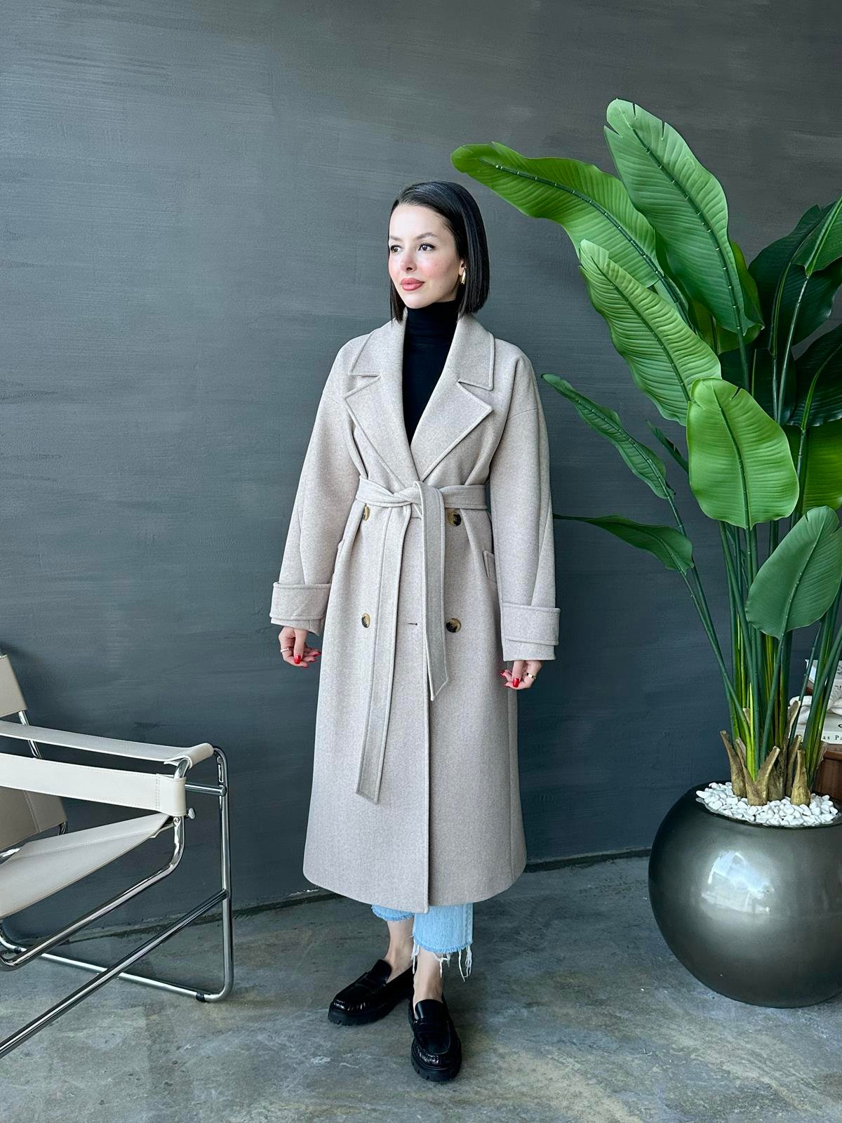 Kelebek Yakalı Kaşe Kaban VİZON