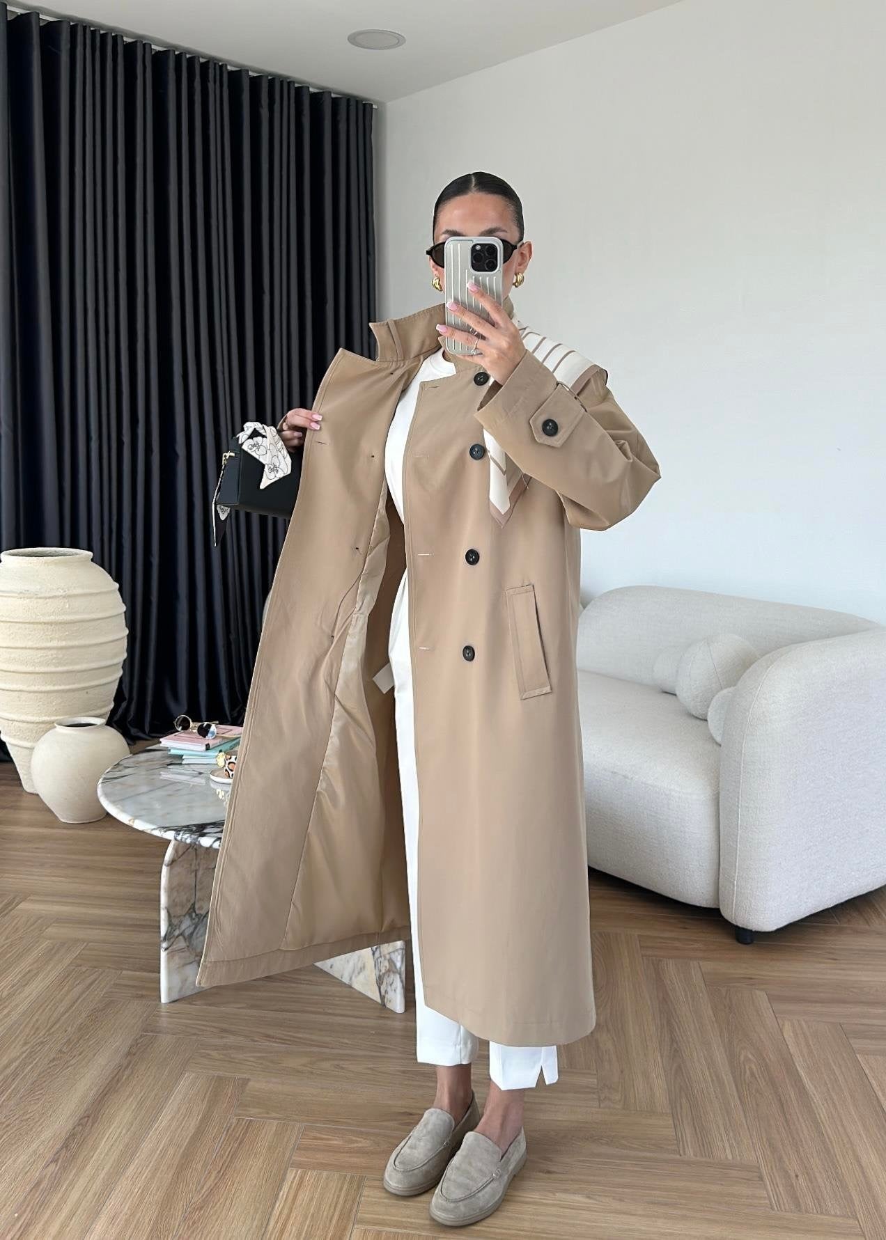 Fularlı Uzun Trençkot BEJ