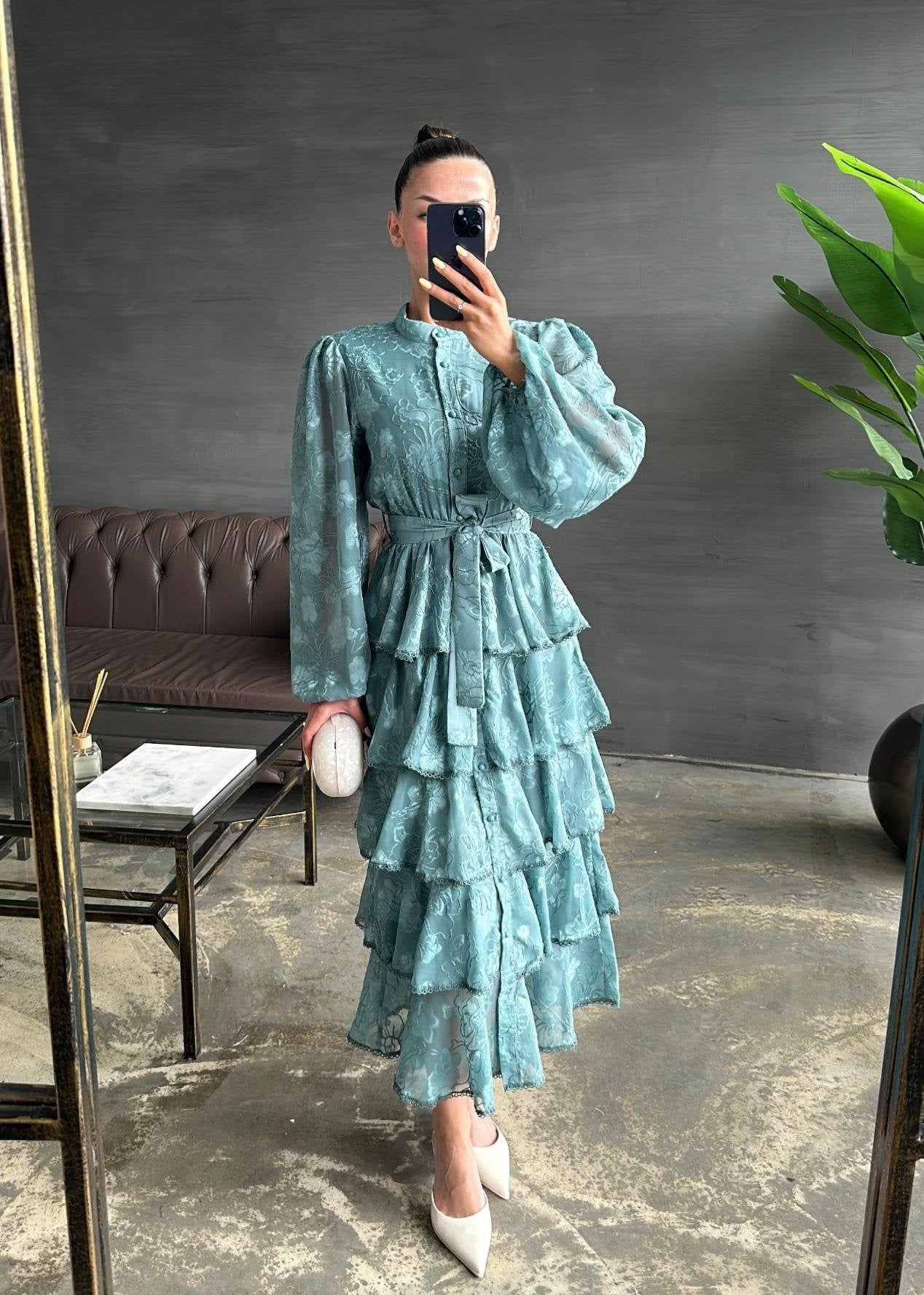 Çiçek Desenli Fırfırlı Elbise MİNT YEŞİLİ