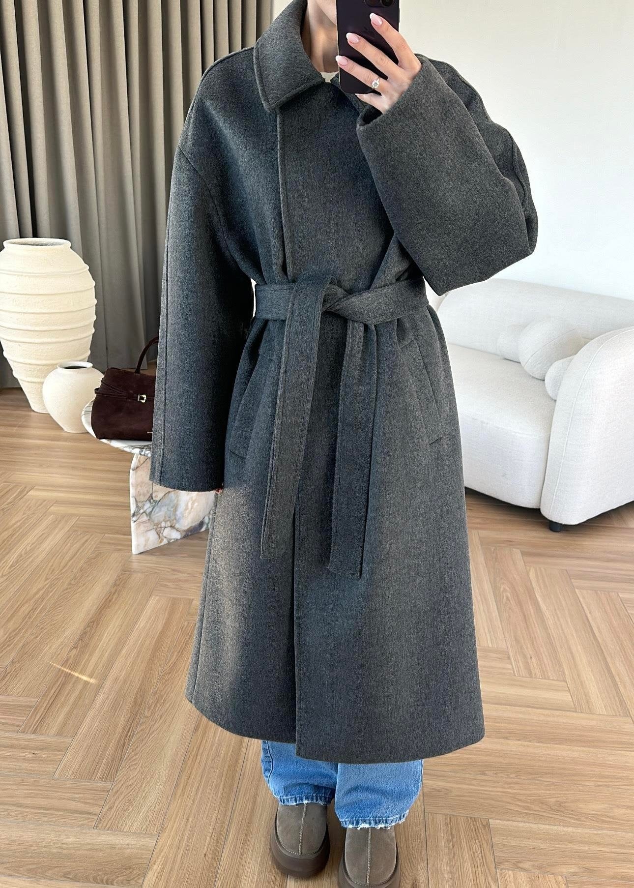 Gömlek Yakalı Kuşaklı Kaban ANTRASİT