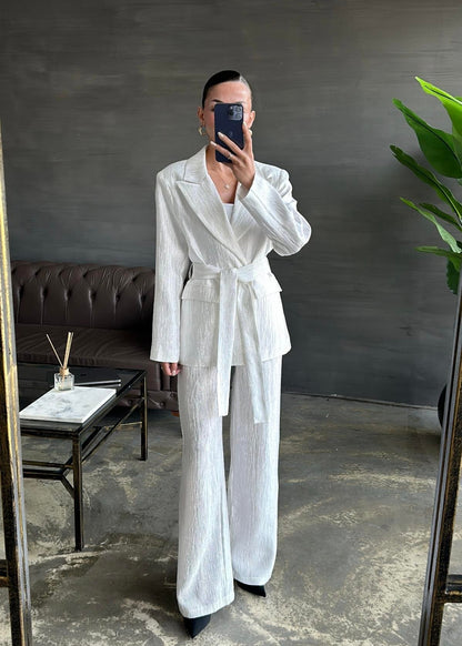 Parlak Beli Kuşaklı Takım EKRU