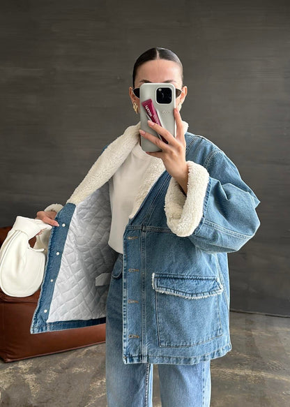 Kürk Detaylı Denim Mont MAVİ