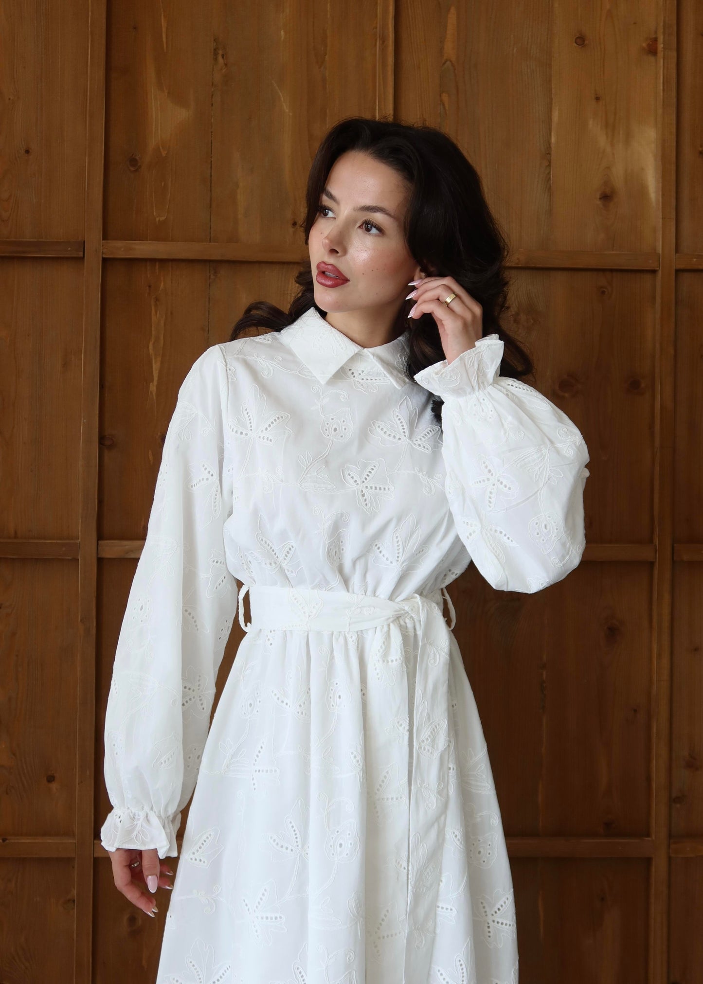 Gömlek Yakalı Brode Elbise BEYAZ