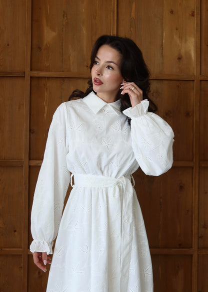 Gömlek Yakalı Brode Elbise BEYAZ