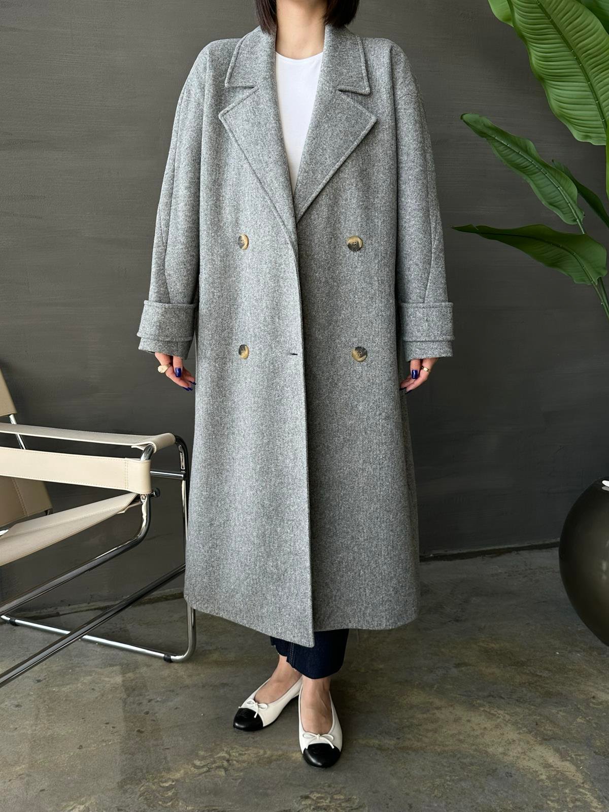 Kelebek Yakalı Kaşe Kaban KOYU GRİ