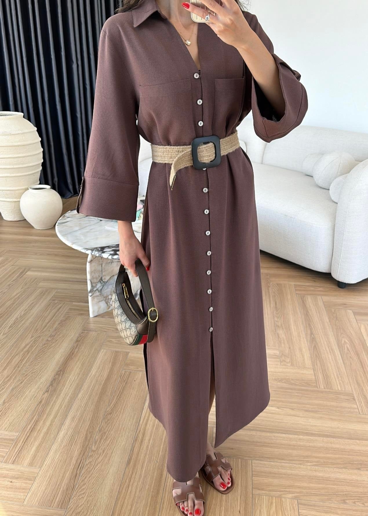 Hasır Kemerli Keten Gömlek Elbise KAHVERENGİ