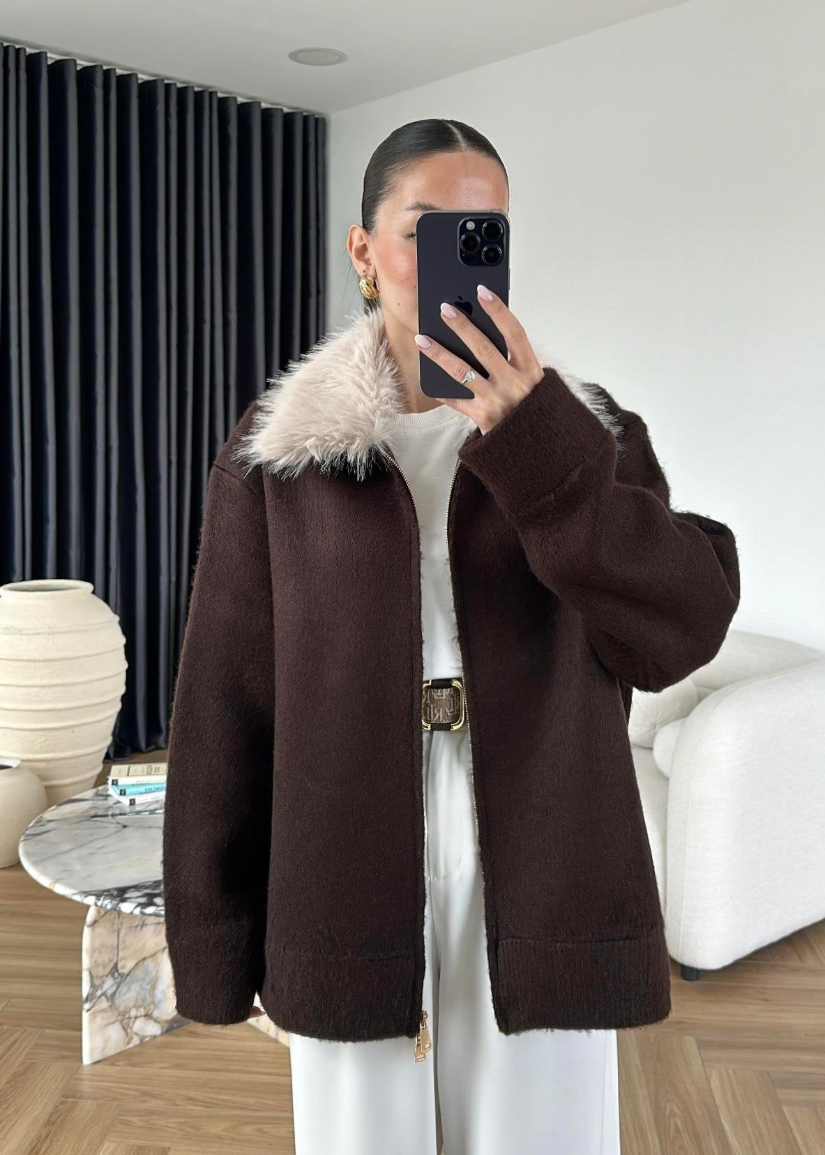 Çıkarılabilir Kürklü Hırka ACI KAHVE