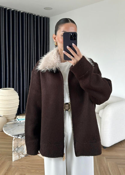 Çıkarılabilir Kürklü Hırka ACI KAHVE