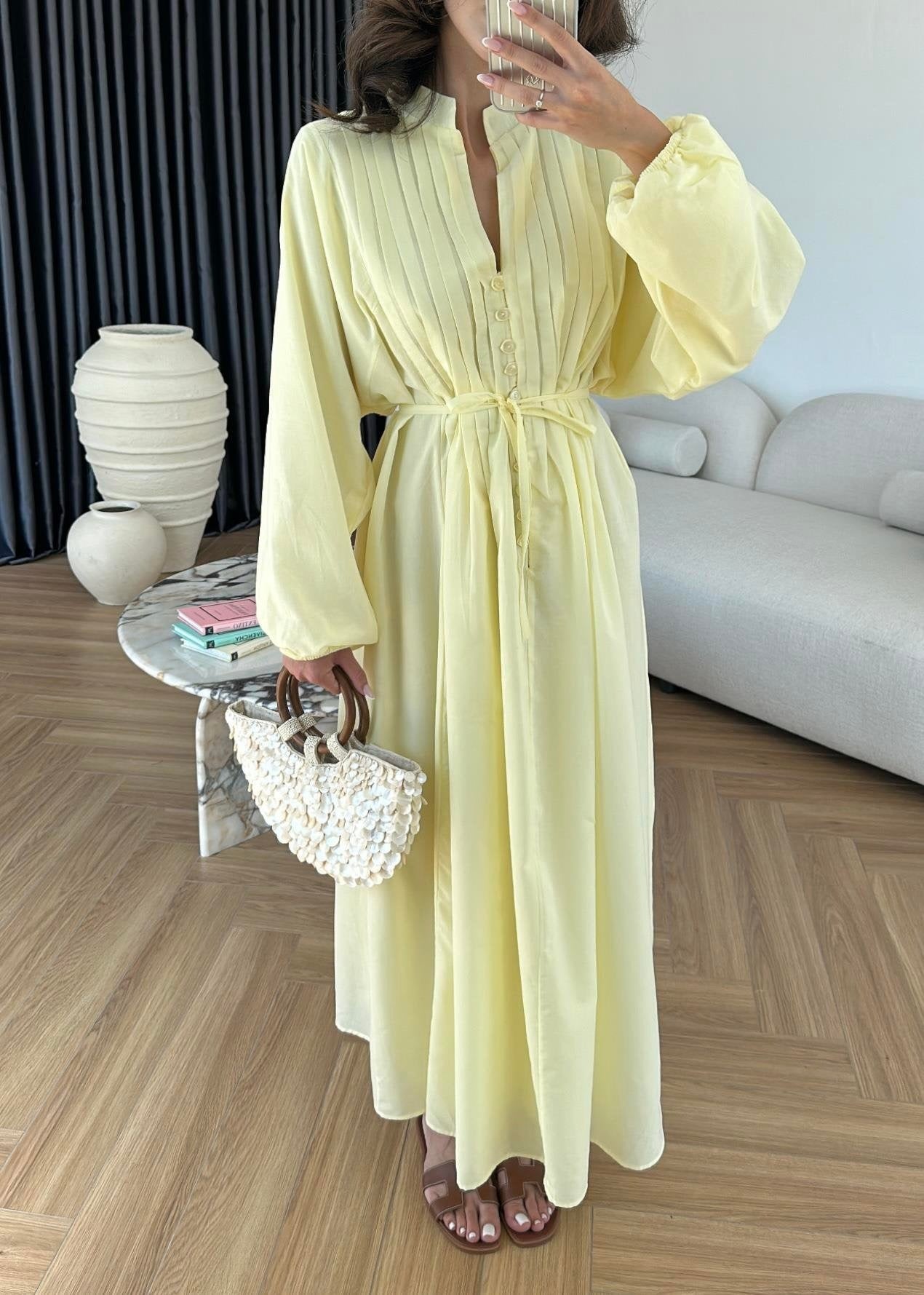 Nervürlü Pamuk Vual Elbise SARI