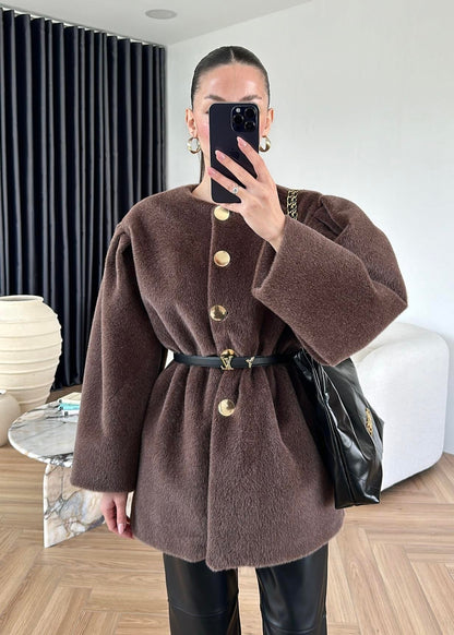 Gold Düğmeli Alpaka Kaban KAHVERENGİ