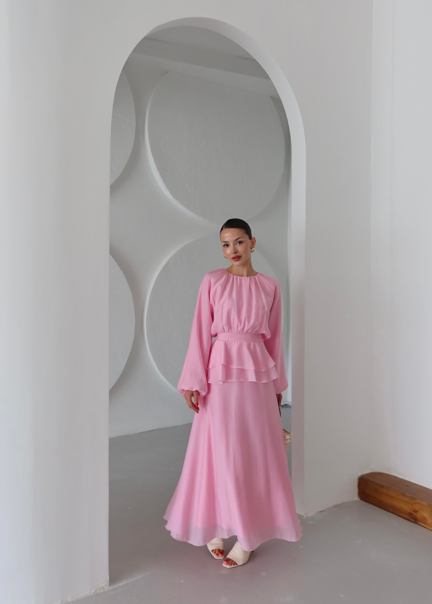 Beli Volanlı Elbise PEMBE