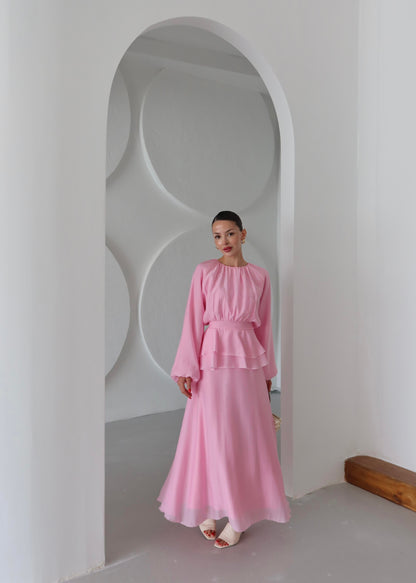 Beli Volanlı Elbise PEMBE