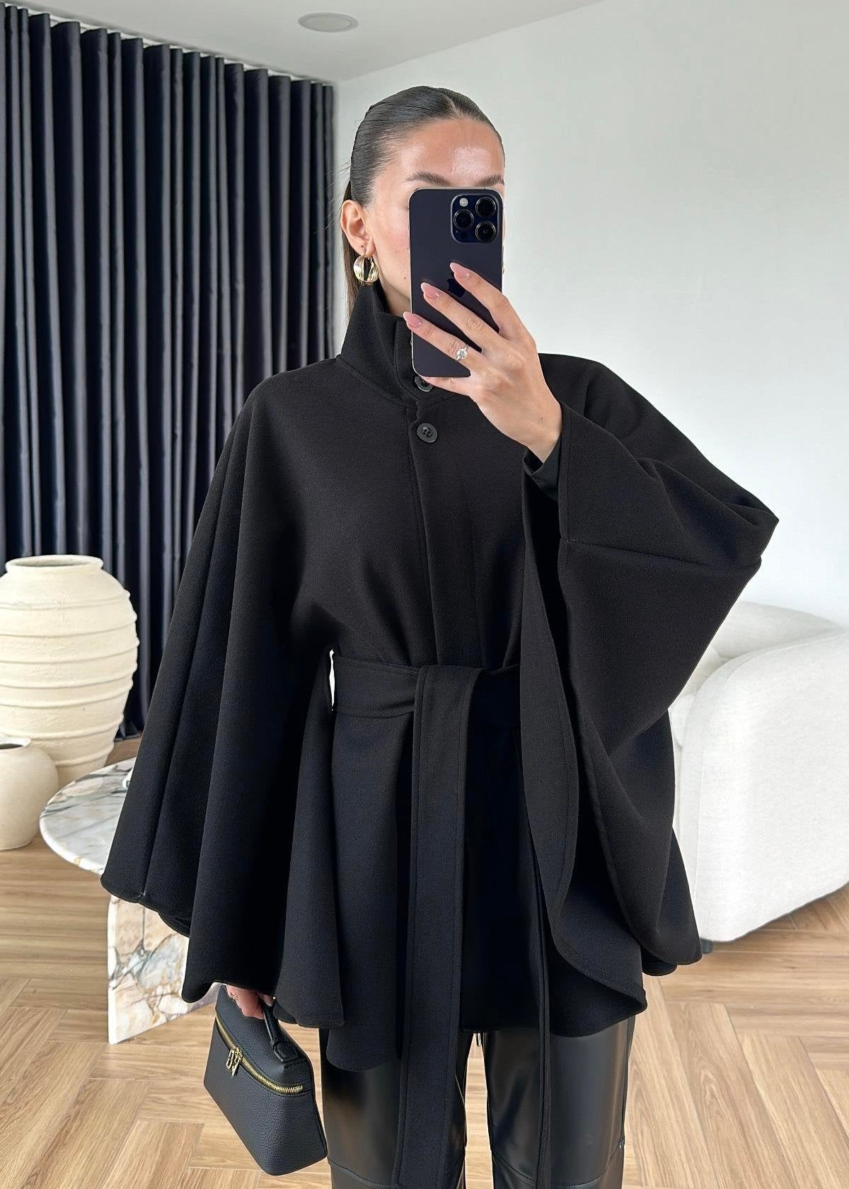 Kaşe Bağlamalı Panço SİYAH