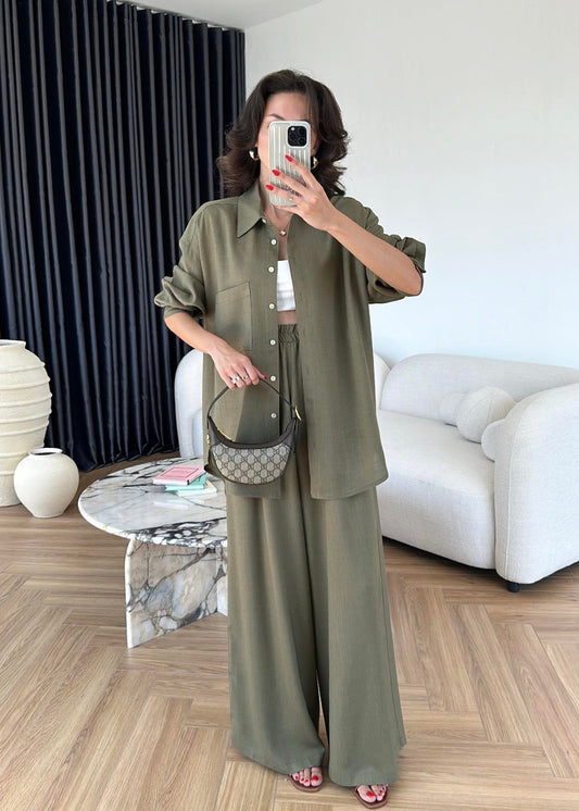 Sedef Düğmeli Uzun Keten Takım Haki