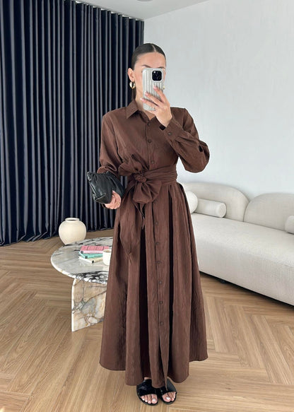 Kraşlı Beli Bağlamalı Elbise KAHVERENGİ