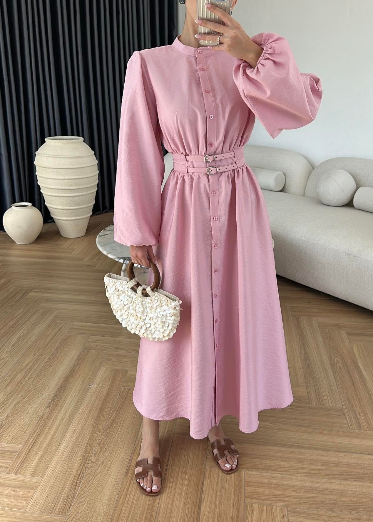 Çift Kemerli Elbise PUDRA PEMBE